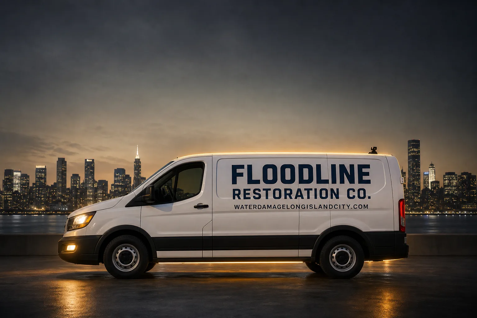 Floodline Restoration Co. damage restoration service vehicle and crew in Long Island City, NY